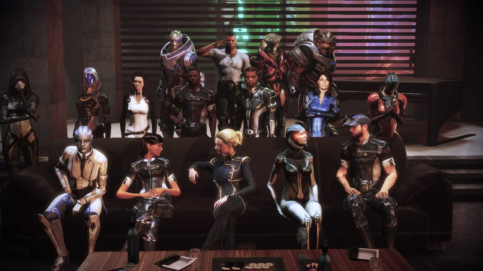 Длс сюжет. Отряд Шепарда в масс эффект 2. Отряд Шепард Mass Effect 3. Шепард и команда масс эффект 2. Вечеринка Шепарда Mass Effect 3.